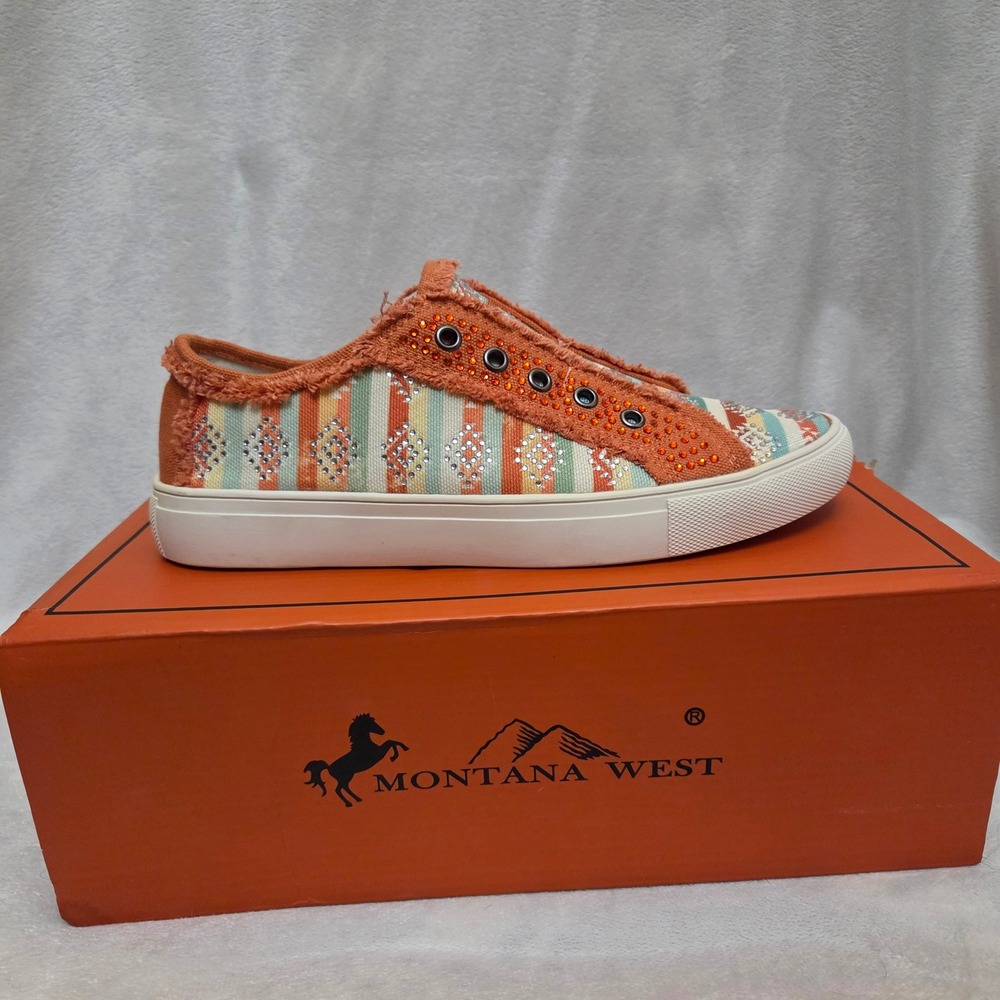 Montana West Orange Southwestern Rhinestone Slip On Sneakers Womens 7